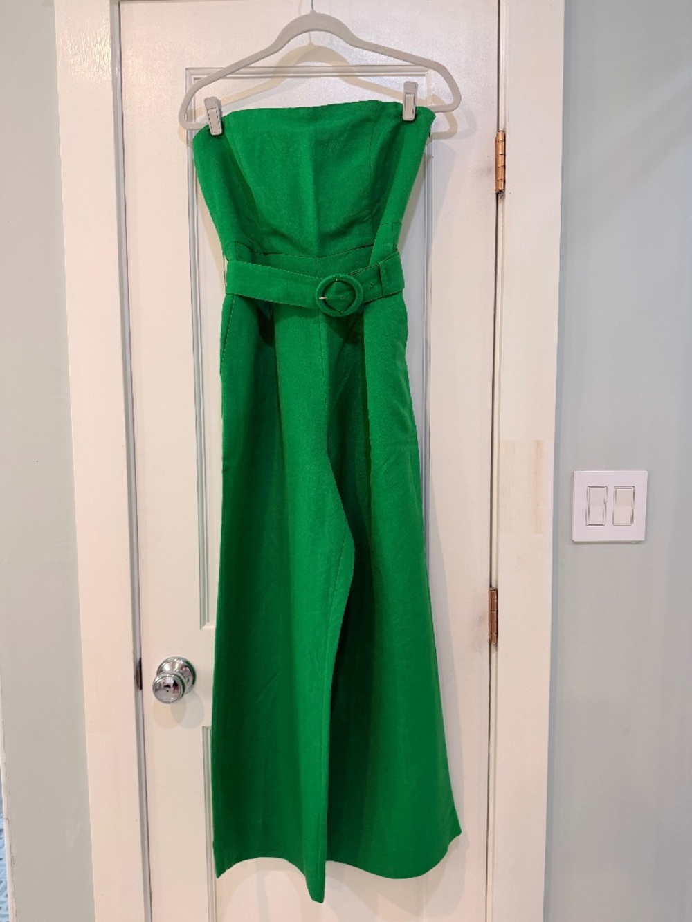 Ann Taylor Green Strapless Belted Wide-Leg Jumpsuit